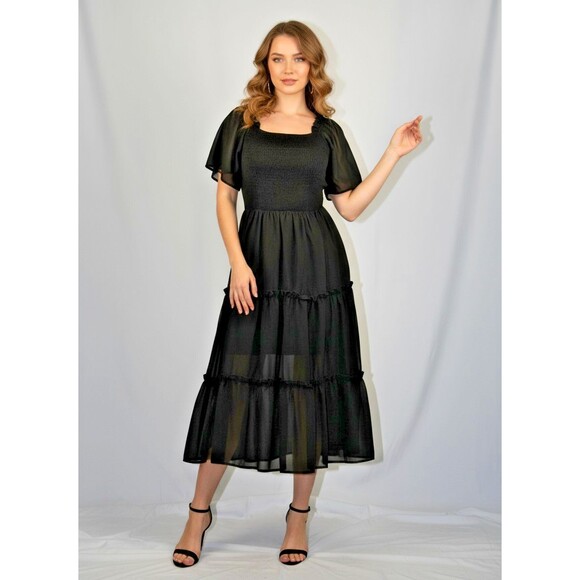 Lillusory Black NWT Tiered Cottagecore Stretch Waist Puff Sleeve Dress SZ M - Picture 1 of 10
